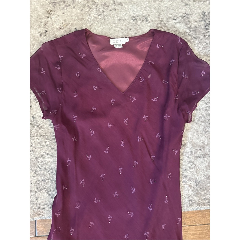 Vintage 90s Beaded Asymmetrical Bias Cut Maxi Dress  Sz 8 V-Neck Rayon Burgundy‎ - Picture 2 of 15